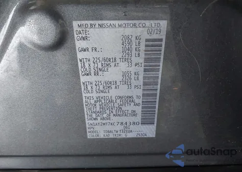 2019 Nissan Rogue Sv z USA, uszkodzony, nr VIN 5N1AT2MT7KC784380